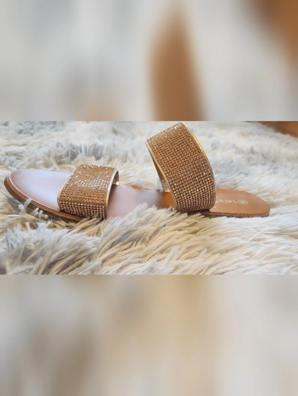 Gold Rhinestone Double-Strap Slide Sandals - Picture 4 of 5